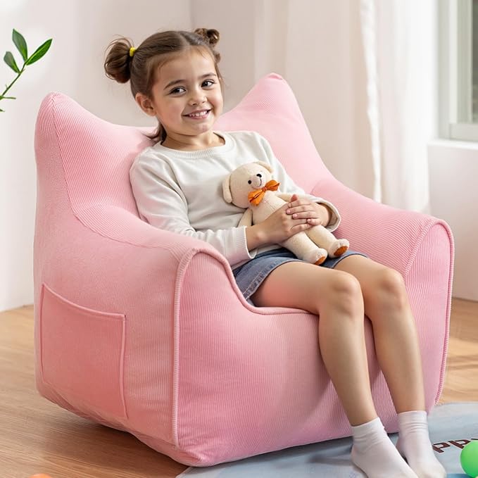 HOMMPA Kids Bean Bag Chair Stuffed Toddler Bean Bag Sofa with Pocket Filler Bean Bag Chair for Kids Boys and Girls Baby Lazy Floor Sofa Chair for Gaming Reading Playing Pink-BubblyBeeBaby