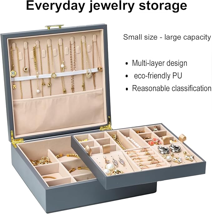 2-layer jewelry box，Jewelry Organizer with Handle，with hanging necklace hooks, detachable jewelry trays, suitable for storing a large amount of jewelry gift box (Large-Grey)-BubblyBeeBaby