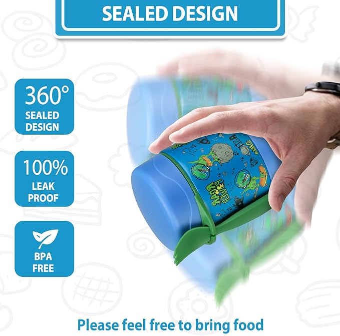 10oz Soup Thermo for Hot Food Kids,Lunch Thermo Kids Food Jar with Spoon Hot Insulated Food Containers,Leak Proof Stainless Steel Wide Mouth Lunch Food Thermo Jar for School(Blue-Dinosaur)-BubblyBeeBaby