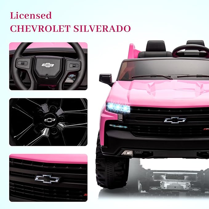 Hetoy 24V 2-Seater Truck Licensed Chevrolet Silverado Ride On Car Toy w/Parent Remote Control,4xSpring Suspension, 3 Speeds, Wireless Music, MP3 Player, Electric Vehicle Car for Kids, Pink-BubblyBeeBaby