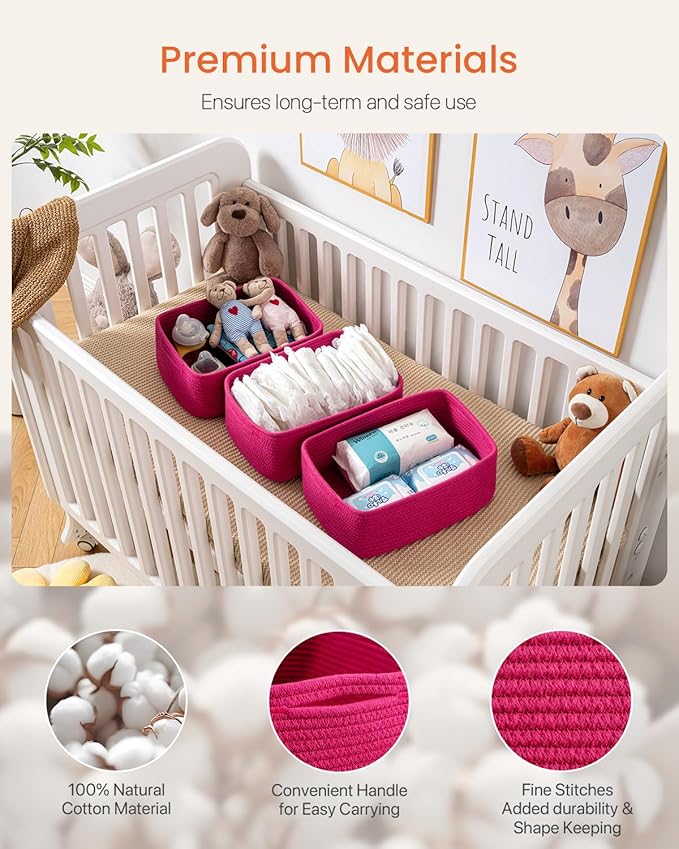 KALLAX Small Woven Basket, 13.5 x 9.5 x 5 Inches, Storage Basket for Organizing, Cute Small Rope Shelf Closet Cube Storage Bins Baskets for Shelves, Dog Toy Gift Baskets Empty, 3 Packs, Hot Pink-BubblyBeeBaby