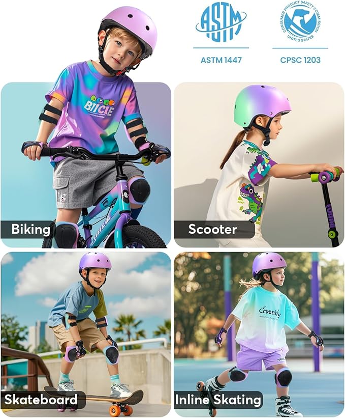 Kids Bike Helmet and Pads Set for Ages 2–14, CPSC Certified Adjustable Helmet with Knee Elbow Wrist Guards, for Skateboard, Scooter, Skating, Rollerblading, Multi-Sport Protective Gear-BubblyBeeBaby