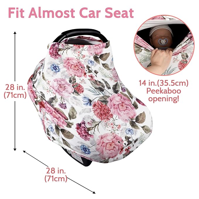 Nursing Cover Breastfeeding, Multi-use Baby CarSeat Cover Girls, Infant Stroller Car Seat Cover, Stretchy Carseat Canopy, Soft Breathable, Peony-BubblyBeeBaby