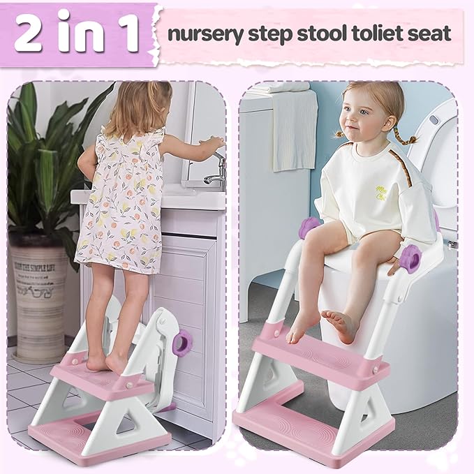2 In 1 Potty Training Toilet Seat & Toddler Step Stool, Bottom Triangle Stability Toddler Toilet Seat, Adjustable Step & Seat Height Potty Seats for Toddlers Boys Girls (Purple)-BubblyBeeBaby