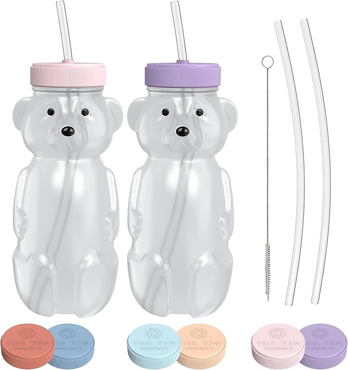 Honey Bear Straw Cup for Babies, Honey Bear Cups with Travel Lid, 2-Pack Therapy Learning HoneyBear Straw Sippy Cup for Toddlers, Cherry Blossom & Unicorn, 8 oz-BubblyBeeBaby