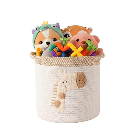 INough Toy Storage Baskets Woven Cotton Rope Storage Basket for Kids, Blanket Baskets for Living Room Toys Organizer with Embroidery Decor, Cute Baskets with Handle for Nursery, Playroom (Giraffe)-BubblyBeeBaby