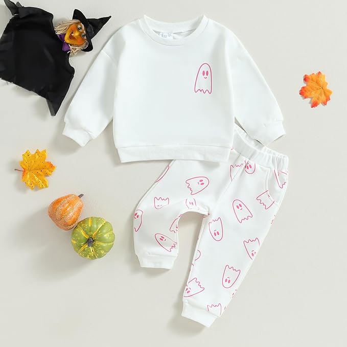 0-4T Toddler Boy Girl Halloween Outfit Fall Clothes Ghost Long Sleeve Sweatshirt Top Pants Baby Halloween Clothes-BubblyBeeBaby
