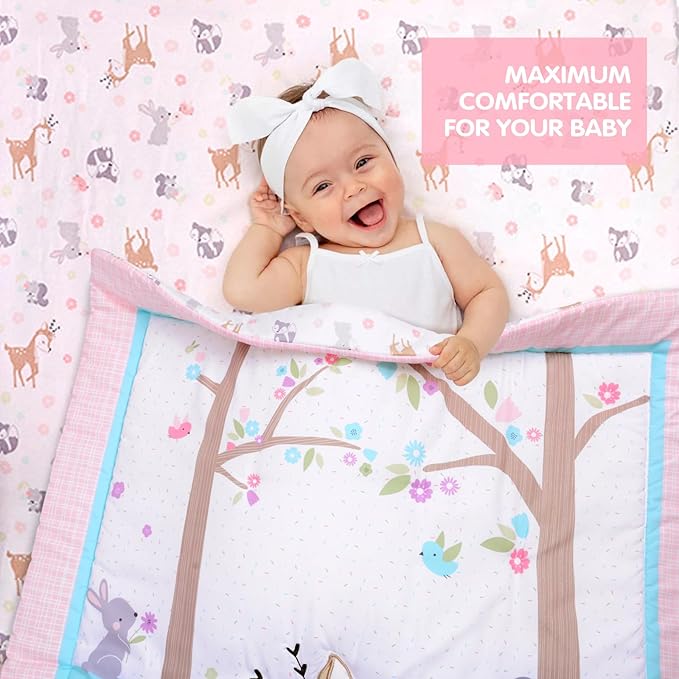 UOMNY Crib Bedding Set for Girls 3 Piece Woodland Baby Girl Crib Bedding Set Include Fitted Crib Sheet Comforter Crib Skirt-BubblyBeeBaby