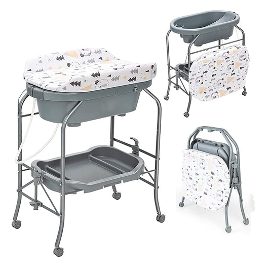 HONEY JOY Baby Changing Table with Bathtub, Foldable Infant Diaper Changing Station with Wheels, Storage Tray, Waterproof Pad, Portable Newborn Nursery Organizer Bath Stand for Boys Girls (Gray)-BubblyBeeBaby