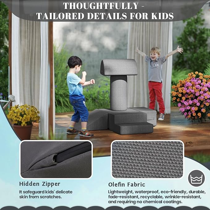 jela Foam Blocks 6Pcs Soft Play Equipment Waterproof Fabric, UV Resistant Toddler Climbing Toys Indoor& Outdoor Soft Play Climbing for Toddlers, Lightweight Climbing Blocks for Babies, Kids (Darkgrey)-BubblyBeeBaby