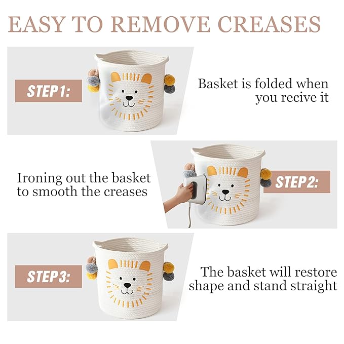 INough Toy Storage Baskets Cute Laundry Basket with Handles Dog Toy Storage Basket Durable Large Cotton Rope Storage Bins Home Organizer Solution for Office, Bedroom, Closet, Toys & Laundry (Lion)-BubblyBeeBaby