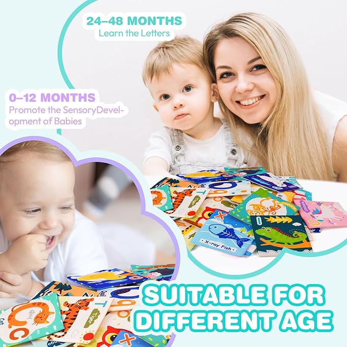 Jollybaby Reusable Soft Cloth ABC Alphabet/Letters Animal Flash Cards for Baby 0-3-6-9-12-18 Month, Curious Baby First Words Learning Activity Flashcards, Tummy Time Toy Gift for 1 Year Old Boy Girl-BubblyBeeBaby