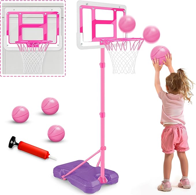 Kids Basketball Hoop with Stand, Adjustable Basketball Set, Toddler Basketball Toys for Boys Age 3 4 5 6 7 8, Indoor Outdoor Backyard Sport Game Gifts Pink-BubblyBeeBaby