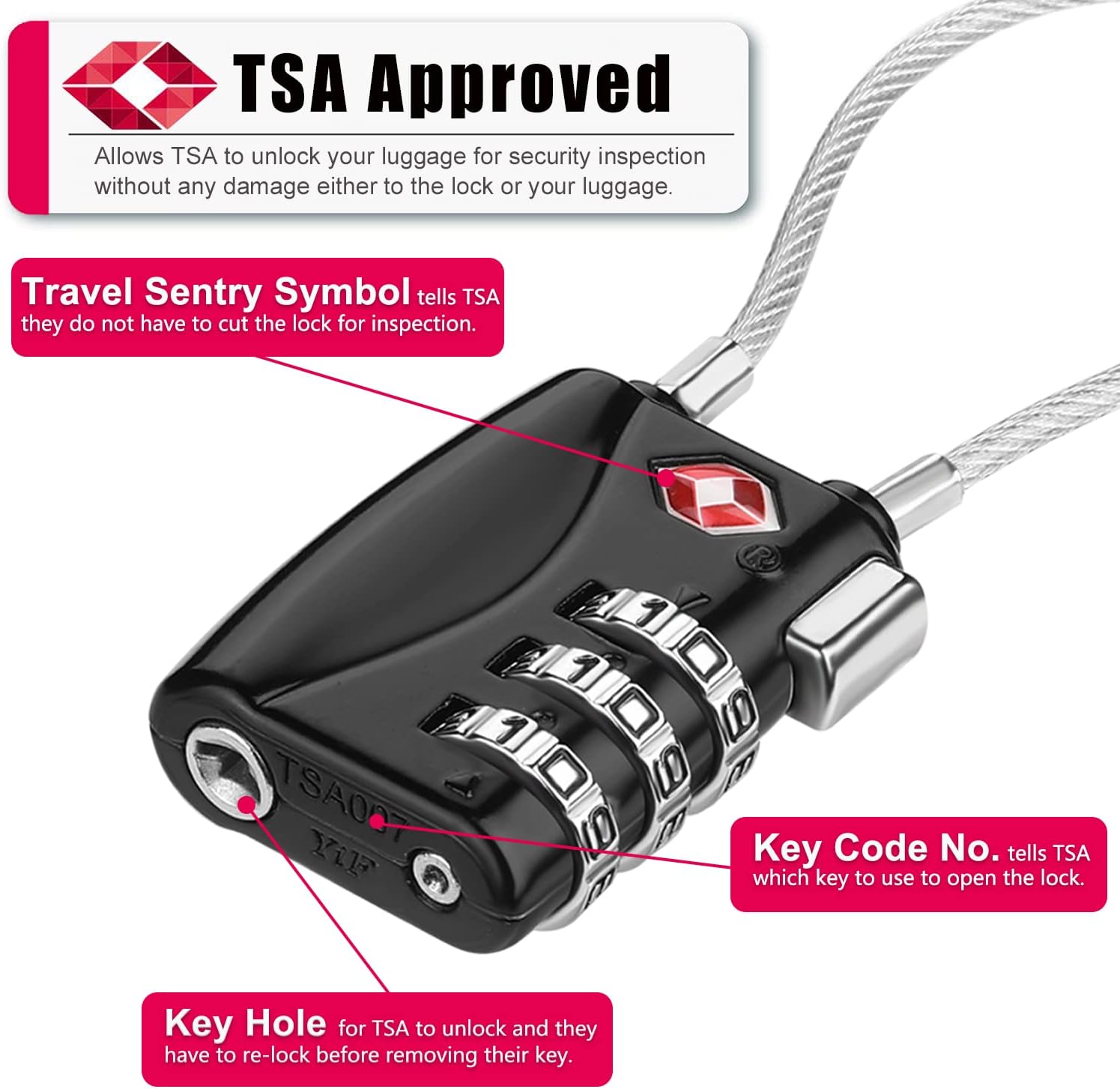 ZHEGE TSA Wire Lock 2 Pack Cable Luggage Lock with Alloy Body for Suitcase, Baggage, Backpack, Pistol Case (Black & Red)