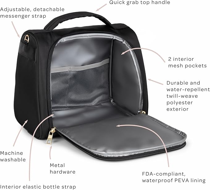JuJuBe New Insulated Bottle Bag, Breastmilk Storage Bag for Baby Bottles, Travel Insulated Waterproof Lunch Bag or Cooler Bag for Nursing, Milk, Food, Baby Formula, Snacks, Black, Mothers Day Gift-BubblyBeeBaby