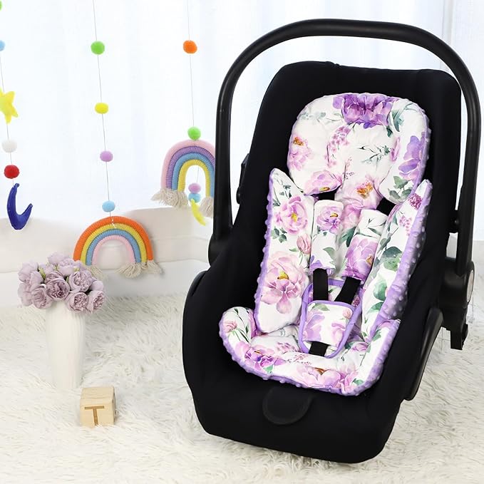 Infant Car Seat Insert, Soft Baby Car Seat Head & Body Support for Girl Boy, Reversible Newborn Preemie Carseat Insert Cushion with 3 Straps Pads Fits CarSeat, Stroller, Swing, Bouncer, Purple Floral-BubblyBeeBaby