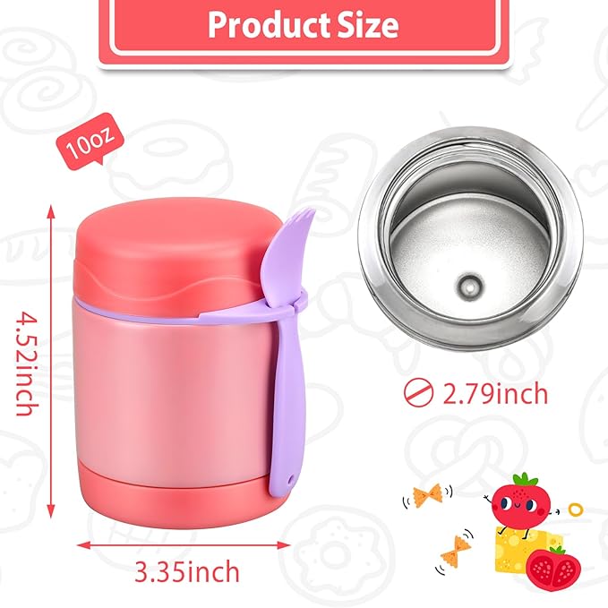 10oz Soup Thermo for Hot Food Kids,Lunch Thermo Kids Food Jar with Spoon Hot Insulated Food Containers,Leak Proof Stainless Steel Wide Mouth Lunch Food Thermo Jar for School(Pink)-BubblyBeeBaby