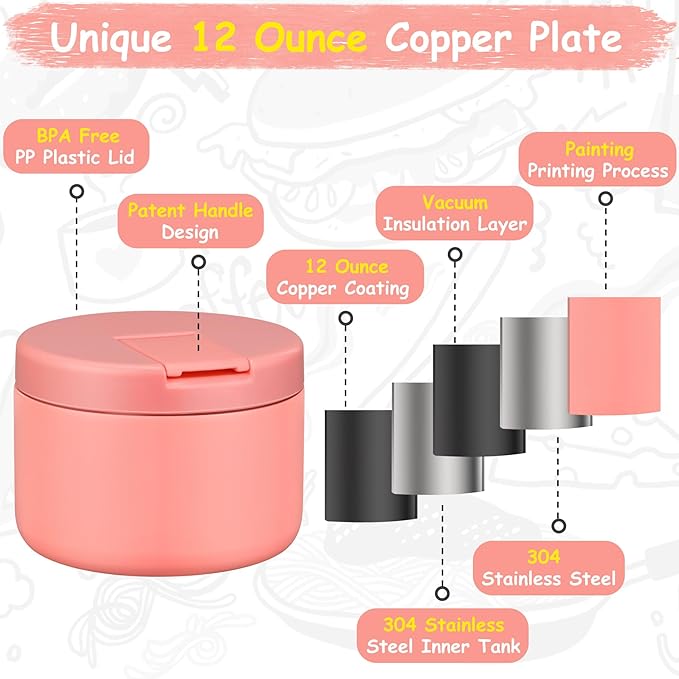 12oz Insulated Vacuum Food Jar with Buckle Lid Wide Mouth Soup Thermo for Hot Food Kids Leakproof Stainless Steel Lunch Container- Pink- 1Pack-BubblyBeeBaby