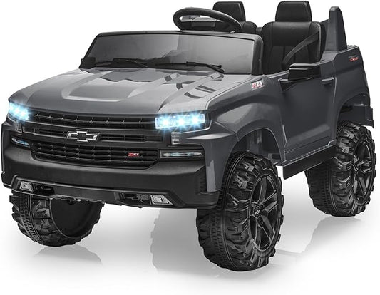 Hetoy 24V 2-Seater Truck Licensed Chevrolet Silverado Ride On Car Toy w/Parent Remote Control,4xSpring Suspension, 3 Speeds, Wireless Music, MP3 Player, Electric Vehicle Car for Kids,Grey-BubblyBeeBaby