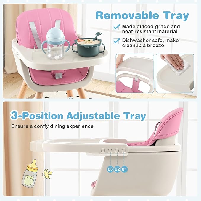 HONEY JOY High Chair, 3-in-1 Eat & Grow Wooden Highchair/Booster Seat/Toddler Chair with Removable Tray, 5-Point Harness, PU Cushion and Footrest for Baby, High Chair for Babies and Toddlers(Pink)-BubblyBeeBaby