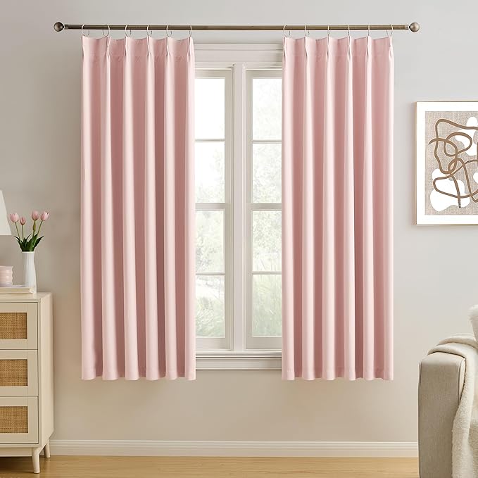 KEQIAOSUOCAI Pinch Pleated Pink Blackout Curtains Short 2 Panels Set 45 Inch Length for Small Windows, Sound & Light Reducing Room Darkening Drape for Bathroom Bedroom(Baby Pink, 2 Panels, W40 x L45)-BubblyBeeBaby