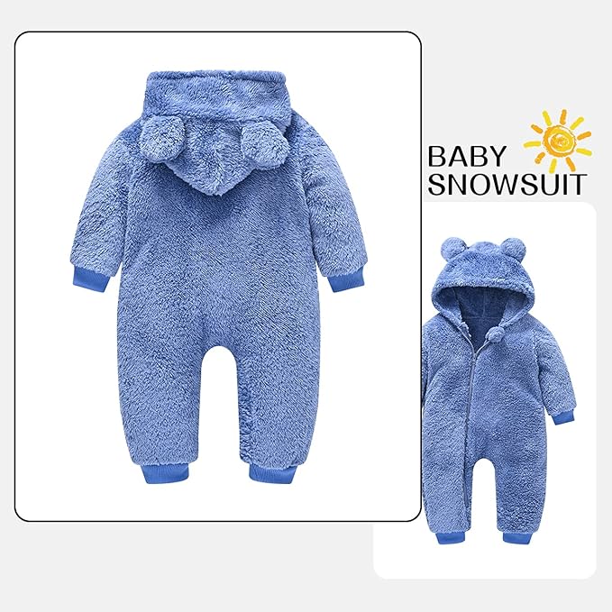 Baby Fleece Jumpsuits Infant Bear Ear Snowsuit Newborn Hooded Romper Warm Coat-BubblyBeeBaby