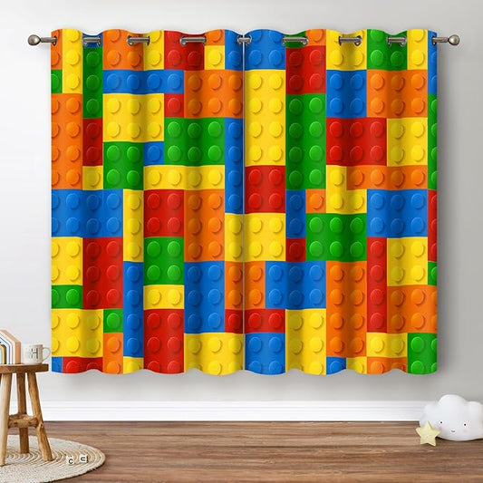 Jekeno Colorful Building Blocks Blackout Curtains - Boys Girls Teens Abstract Geometric Toy Curtains Toddlers Bedroom Playroom Blue Red Yellow Decor Grommet Window Drapes 2 Panel Set, 52"x84"-BubblyBeeBaby
