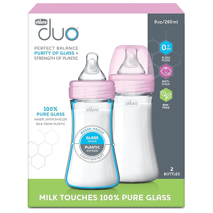 Chicco Duo 9oz. Hybrid Baby Bottle with Invinci-Glass Inside and Plastic Outside | Dishwasher, Bottle Warmer, and Electric Sterilizer Safe | Intui-Latch Nipple | Clear/Pink, 2pk-BubblyBeeBaby