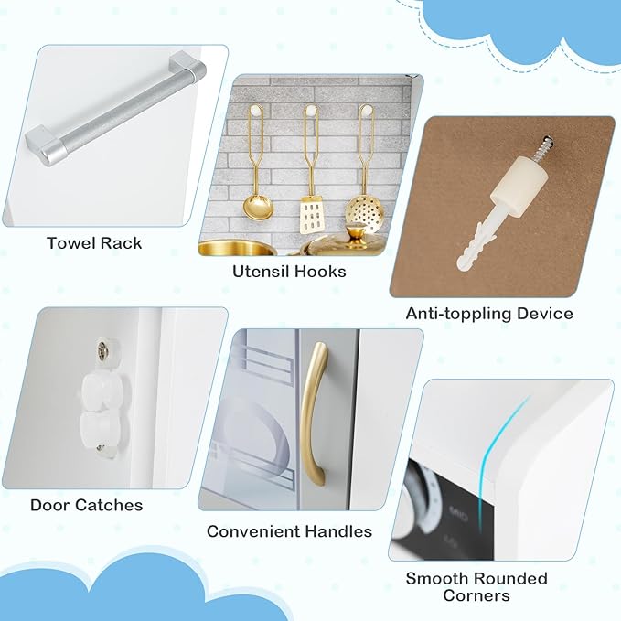 HONEY JOY Kids Kitchen Playset, Wooden Little Chef Pretend Toy Kitchen Set w/Chalkboard, Telephone, Utensils, Oven, Microwave, Sink, Storage, Play Kitchen for Toddlers Boys Girls, White Golden-BubblyBeeBaby