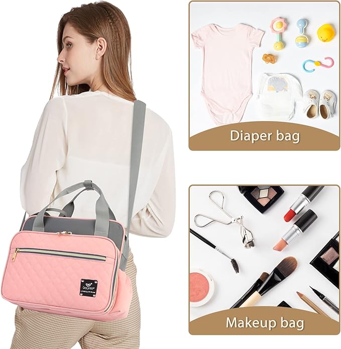 Crossbody Small Diaper Bag, Cute Mini Baby Diaper Tote Bags with Insulated Pockets for Traveling Outdoor Parent, Pink & Gray-BubblyBeeBaby