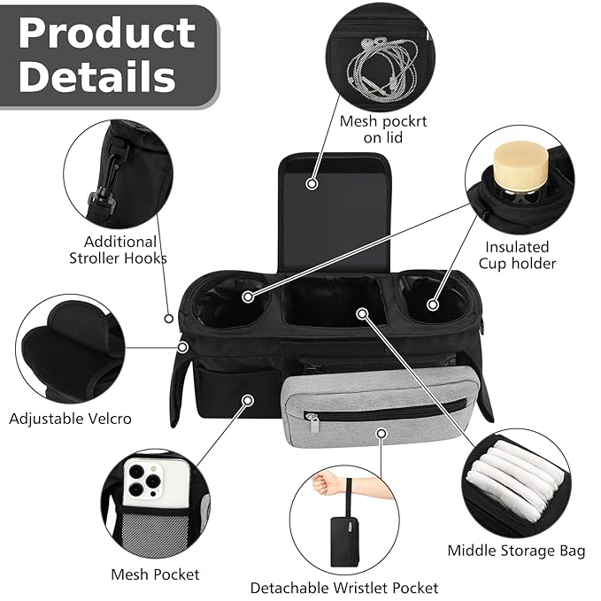 Accmor Universal Stroller Organizer with Insulated Cup Holder Detachable Phone Bag and Shoulder Strap,Stroller Bag Caddy Organizer Fits for Uppababy, Baby Jogger, Britax Strollers-BubblyBeeBaby