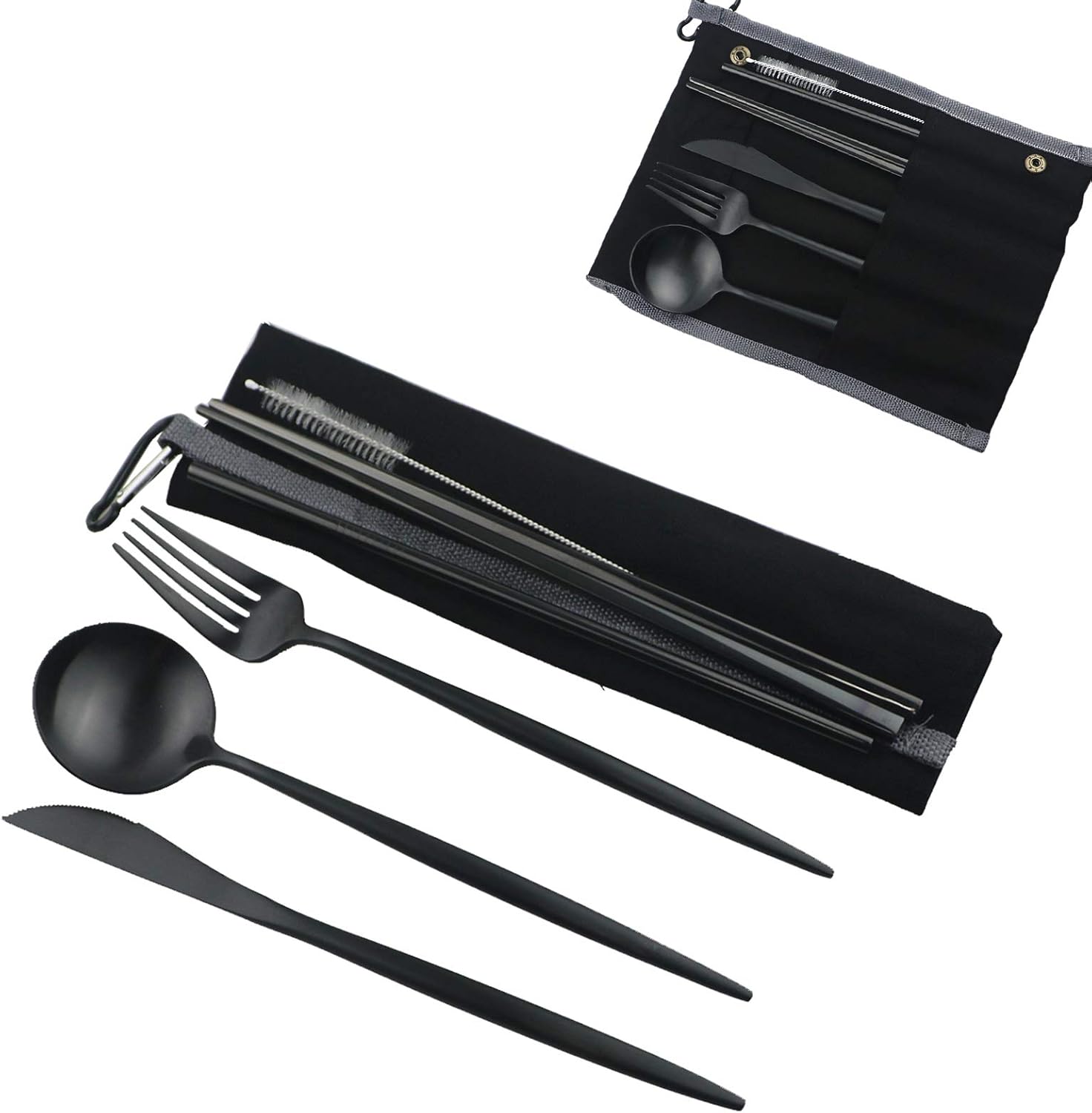 Gugrida Luxury Black Matte Portable 18/10 Stainless Steel Travel Flatware Sets of 7 Portable Camping Cutlery Set, Healthy & Eco-Friendly Flatware Set with Carrying Case for Travel or Camping