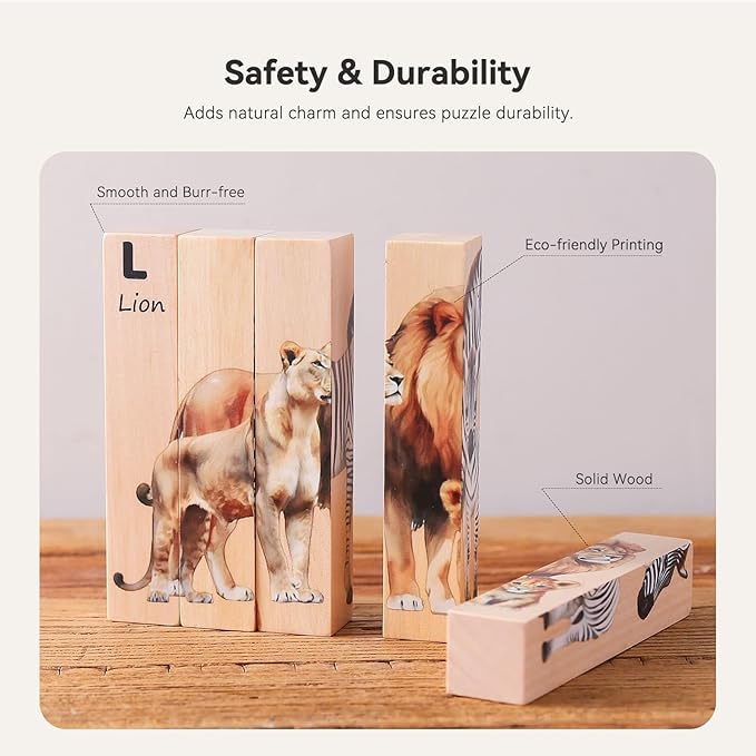 IEATFO 4 in 1 Wooden Animal Chunky Puzzle, 5 Solid Wood Puzzle Blocks with 4 Sides Realistic Safari Animals, Wooden Block Puzzle with Durable Base for Toddlers 3+ Years - Montessori Inspired-BubblyBeeBaby