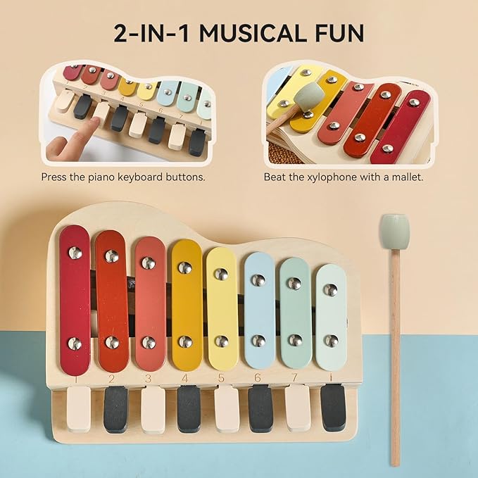 IEATFO 2-in-1 Piano Xylophone Wooden Musical Toy for Toddlers 1-3, Educational Musical Learning Instruments with 8 Colorful Keys, 5 Classic Song Sheets, Montessori Sensory Music Set for Girls Boys-BubblyBeeBaby