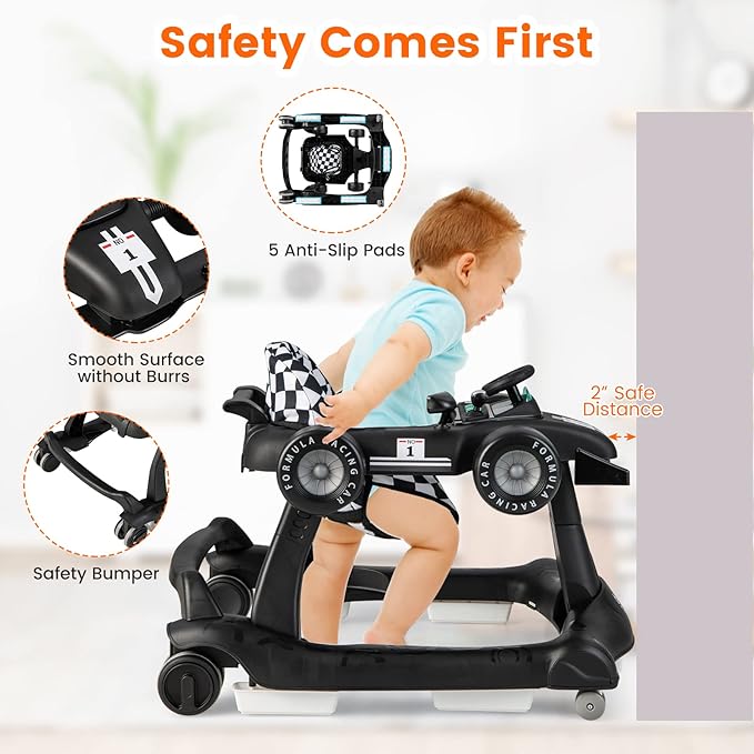 HONEY JOY 4-in-1 Baby Walker, Activity Push Walker w/3 Adjustable Heights, Smooth Wheels w/Adjustable Speed, Padded Seat, Music & Light, Foldable Car Walker for Baby Boys Girls Age 6 Months+ (Black)-BubblyBeeBaby