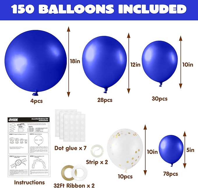 JOYIN 150 Pcs Royal Blue Balloons, Different Sizes 18 12 10 5 Inch Royal Blue Latex Balloon Arch Kit with Instruction for Birthday Party Graduation Wedding Holiday Decoration-BubblyBeeBaby