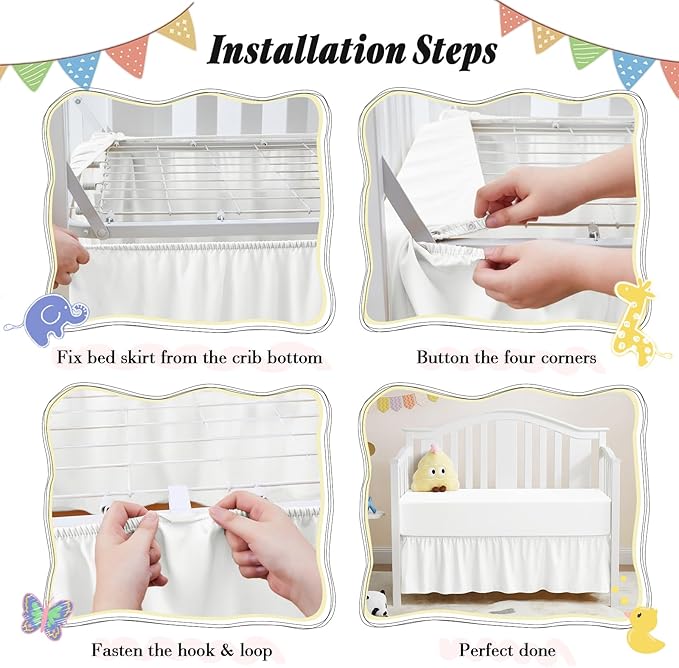 Horbaunal 2 Pack Crib Skirt & Crib Bed Sheet Set, White Crib Bed Skirt 28" x 52" with 14" Drop Dust Ruffle, Soft Microfiber Toddler Bedskirt Nursery Bedding Skirt for Baby Girls and Boys-BubblyBeeBaby