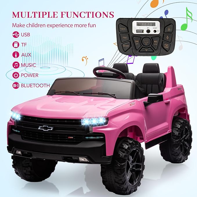 Hetoy 24V 2-Seater Truck Licensed Chevrolet Silverado Ride On Car Toy w/Parent Remote Control,4xSpring Suspension, 3 Speeds, Wireless Music, MP3 Player, Electric Vehicle Car for Kids, Pink-BubblyBeeBaby