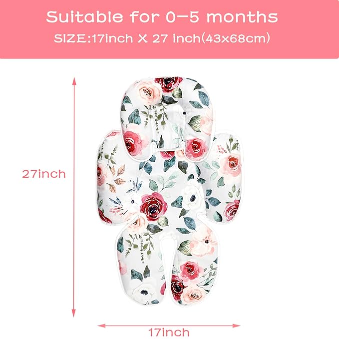 2 in 1 Infant Car Seat Insert, Car Seat Head Support Baby Girls Boys, Soft Newborn Carseat Insert Cushion, Perfect for Carseats, Strollers, Swings (Rose Flower)-BubblyBeeBaby