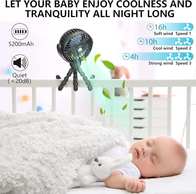 snawowo Mini Portable Baby stroller Fan, Battery Operated Personal Small Handheld Fan, 360° Rotate Flexible Tripod Rechargeable Clip On for Car Seat Crib Bike Treadmill Travel Camping Black-BubblyBeeBaby