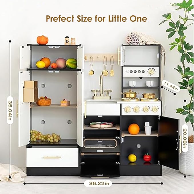 Interactive Wooden Play Kitchen for Kids 3+ Realistic Stove Sounds & Ice Maker Pretend Playset with 12 Kitchen Accessories Montessori Toy-BubblyBeeBaby