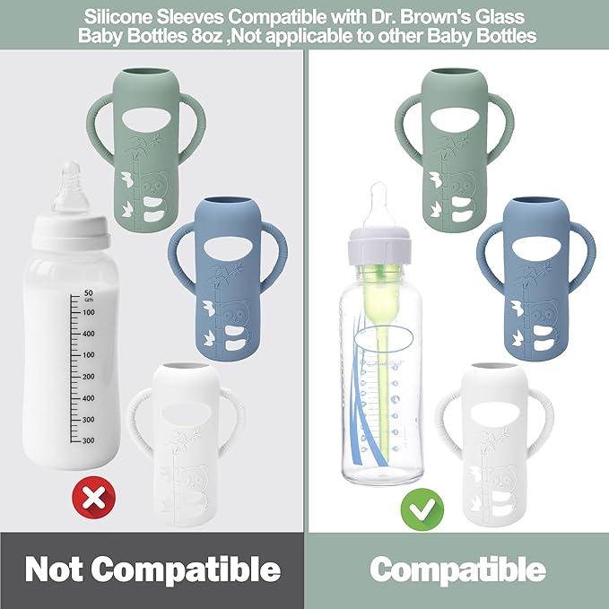 3 Pack Silicone Sleeves for Dr. Brown's Glass Baby Bottles - Drop Protection Baby Bottle Sleeves,Compatible with Dr. Brown's Newborn Glass Bottles,with Silicone Handles,8 oz-BubblyBeeBaby