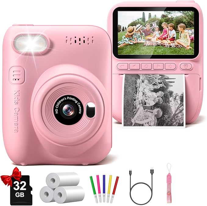 Instant Print Camera for Kids, 3.0" HD 32MP Kids Camera 1080P with 3 Rolls of Printer Paper, Birthday Gifts Toy for 3-12 Year Old Girls Boys with 32GB SD Card-Pink-BubblyBeeBaby