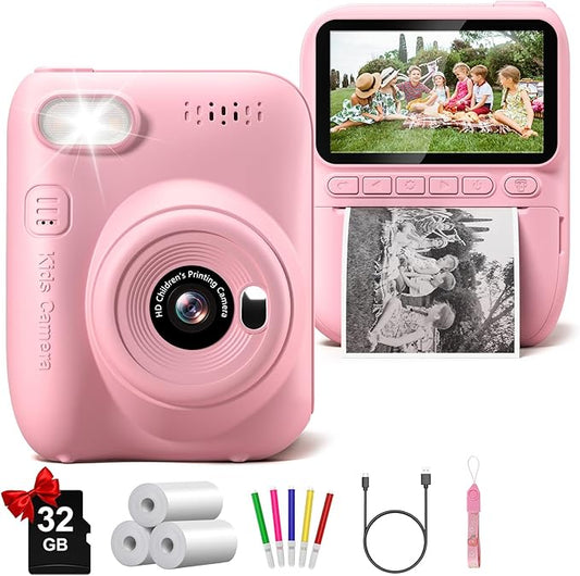 Instant Print Camera for Kids, 3.0" HD 32MP Kids Camera 1080P with 3 Rolls of Printer Paper, Birthday Gifts Toy for 3-12 Year Old Girls Boys with 32GB SD Card-Pink-BubblyBeeBaby