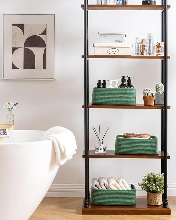 KALLAX Small Woven Basket, 12 x 8 x 4.5 Inches, Storage Basket for Organizing, Cute Small Rope Shelf Closet Cube Storage Bins Baskets for Shelves, Dog Toy Gift Baskets Empty, 3 Packs, Green-BubblyBeeBaby