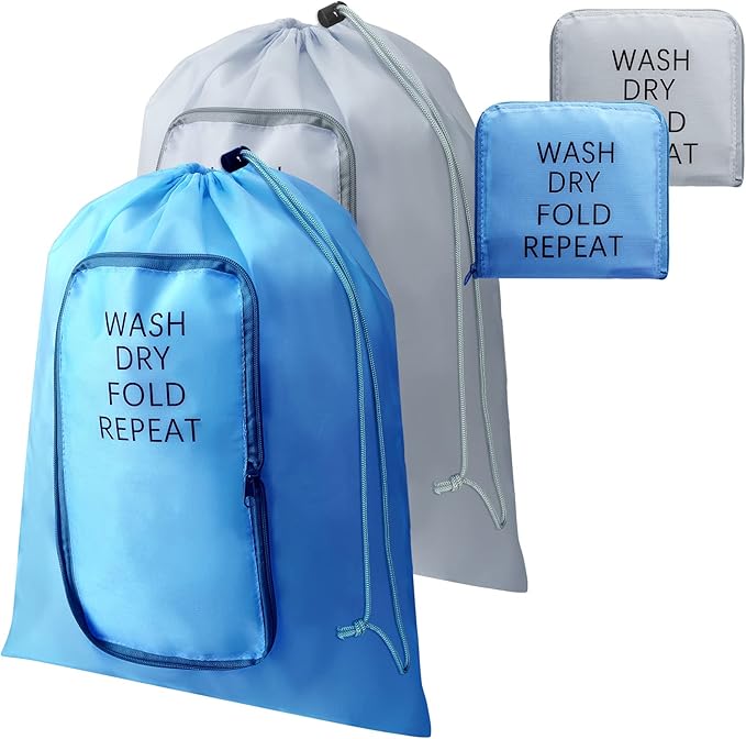 2 Pcs Travel Laundry Bag Washable Dirty Clothes Bag with Drawstring and Zipper for Suitcase, 22 x 18 Inch (Gray, Blue,Classic)-BubblyBeeBaby