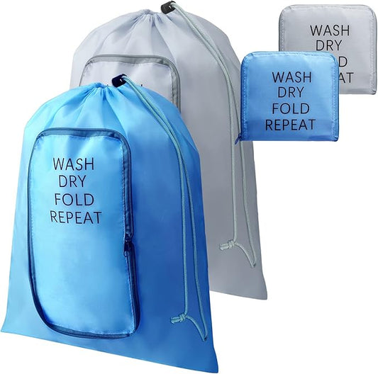 2 Pcs Travel Laundry Bag Washable Dirty Clothes Bag with Drawstring and Zipper for Suitcase, 22 x 18 Inch (Gray, Blue,Classic)-BubblyBeeBaby
