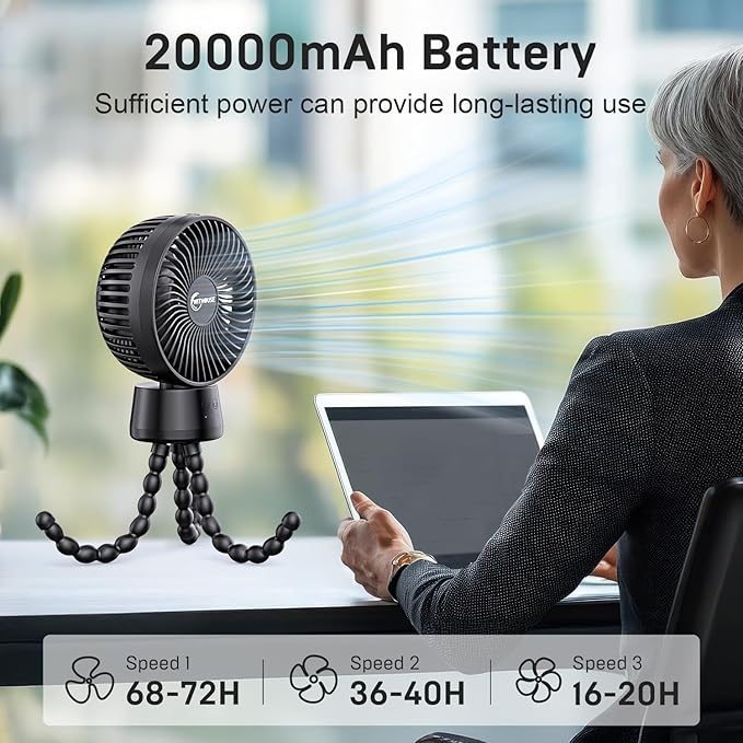 20000mAh Portable Stroller Fan, 120° Auto Oscillation, 3-IN-1 with Power Bank LED Light Detachable Flexible Tripod Rechargeable Battery Powered Clip On Fans Desk for Baby Crib Car Seat Travel-BubblyBeeBaby