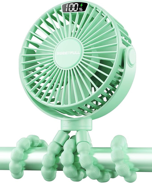 SWEETFULL Portable Stroller Fan with Display 4000mAh Battery Powered Mini Clip On Fan, 4-Speed Rechargeable Small Personal Cooling for Baby Car Seat Crib Travel - Green-BubblyBeeBaby