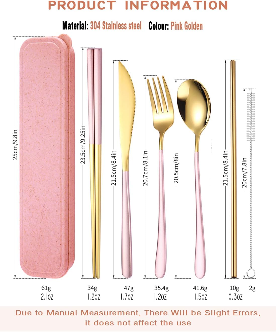 AARAINBOW 6 Pieces 18/8 Stainless Steel Flatware Set Portable Reusable Cutlery Set Travel Utensils Set Including Chopsticks Knife Fork Spoon Straws Cleaning Brush Dishwasher Safe (Pink golden)